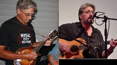 Two men performing music in a split-screen image: on the left, a guitarist wearing a black shirt with a 'Music is my religion' slogan; on the right, another guitarist-singer at a microphone.