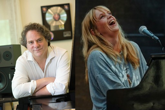 Split image: left shows a male music producer in a white shirt at a studio desk with speakers and a framed gold record, right shows a female singer laughing at a piano with a microphone on stage.