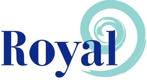 Royal logo with navy wordmark and turquoise circular swirl emblem.